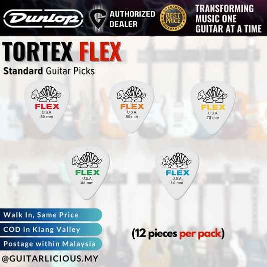 Jim Dunlop Tortex FLEX Standard Guitar Picks, 12 Per Pack | 0.50mm, 0.63mm, 0.73mm, 0.88mm, 1.00mm / 428P / 428-P