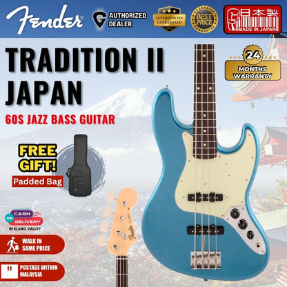 Fender Japan Traditional II 60s Jazz Bass Guitar, RW FB-Lake Placid Blue