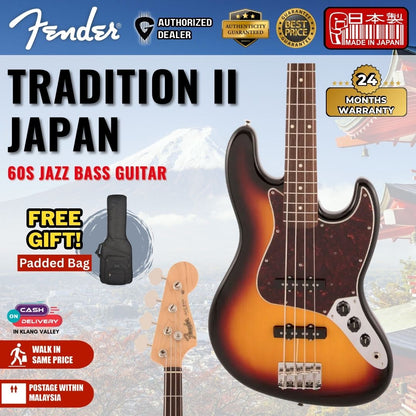 Fender Japan Traditional II 60s Jazz Bass Guitar, RW FB-3-Tone Sunburst