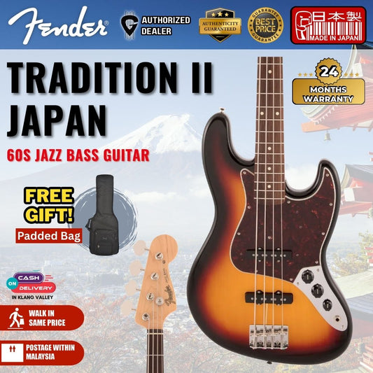 Fender Japan Traditional II 60s Jazz Bass Guitar, RW FB-3-Tone Sunburst