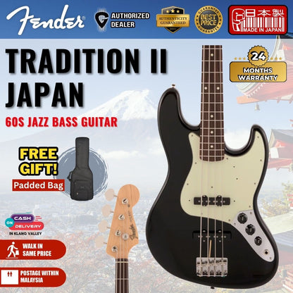 Fender Japan Traditional II 60s Jazz Bass Guitar, RW FB-Black