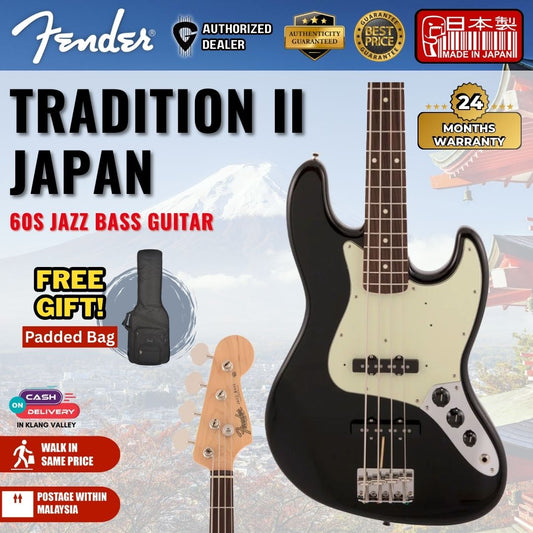 Fender Japan Traditional II 60s Jazz Bass Guitar, RW FB-Black