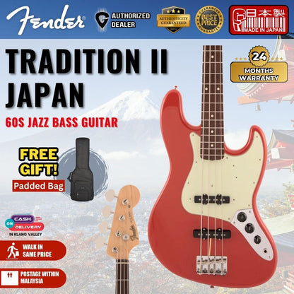 Fender Japan Traditional II 60s Jazz Bass Guitar, RW FB-Fiesta Red