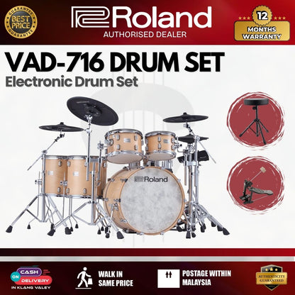 Roland VAD-716 Electronic Drum Set - Gloss Natural w/Drum Throne, Single Pedal
