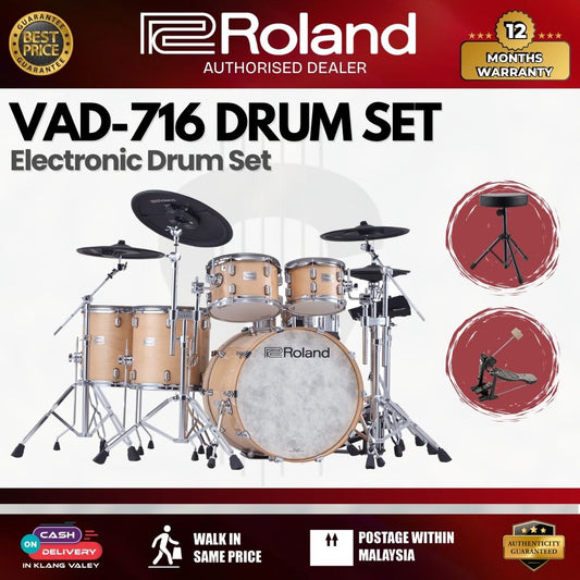 Roland VAD-716 Electronic Drum Set - Gloss Natural w/Drum Throne, Single Pedal