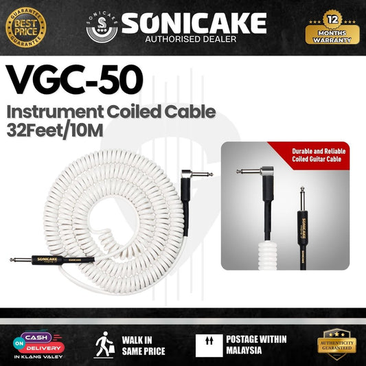 SONICAKE VGC-50 Instrument Coiled Cable 32Feet/10M  (1/4 Right Angle to Straight) - White (VGC-50 )