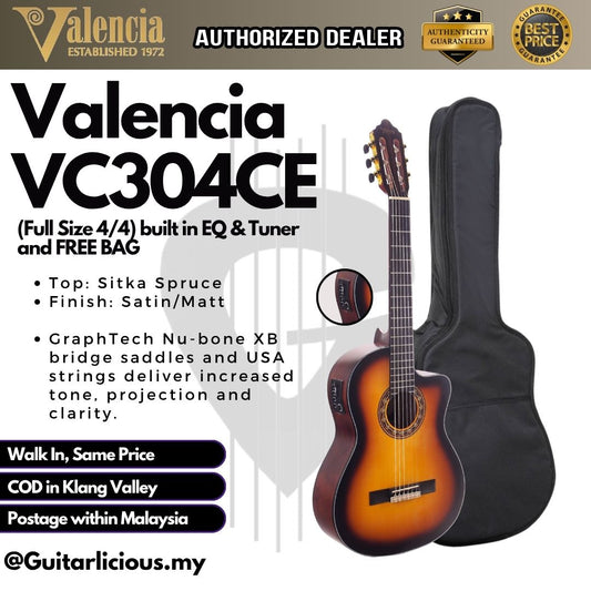 Valencia VC304CE Classical Guitar Cutaway (Full Size 4/4) built in EQ & Tuner and FREE BAG