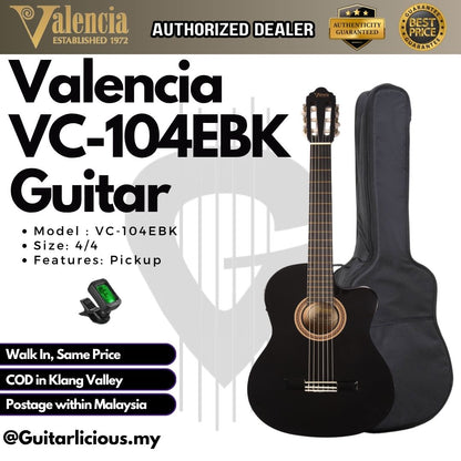VALENCIA VC-104EBK 4/4 Black Classical Guitar Cutaway Natural with Pickup - BLACK
