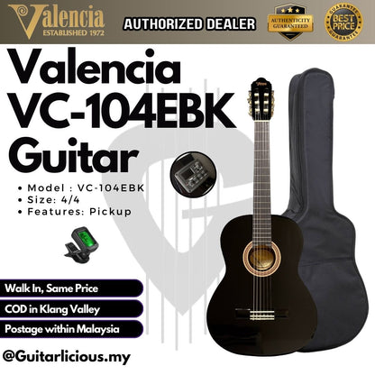 VALENCIA VC-104EBK 4/4 Black Classical Guitar Cutaway Natural with Pickup - BLACK
