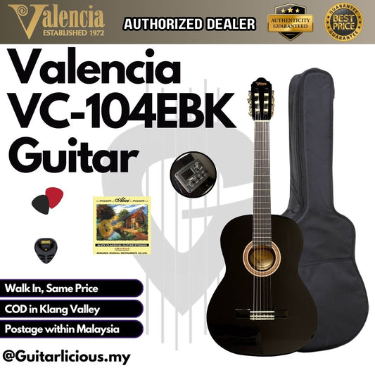 VALENCIA VC-104EBK 4/4 Black Classical Guitar Cutaway Natural with Pickup - BLACK