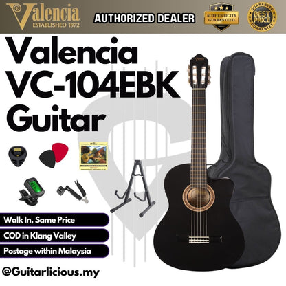 VALENCIA VC-104EBK 4/4 Black Classical Guitar Cutaway Natural with Pickup - BLACK