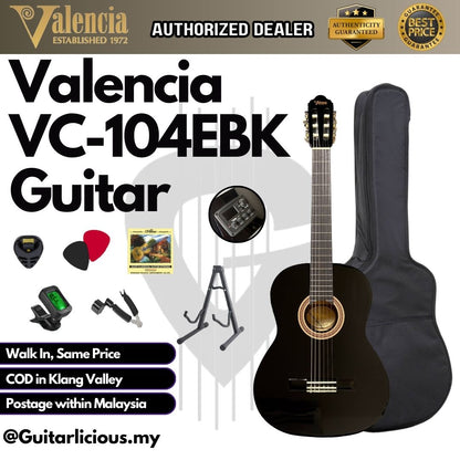 VALENCIA VC-104EBK 4/4 Black Classical Guitar Cutaway Natural with Pickup - BLACK