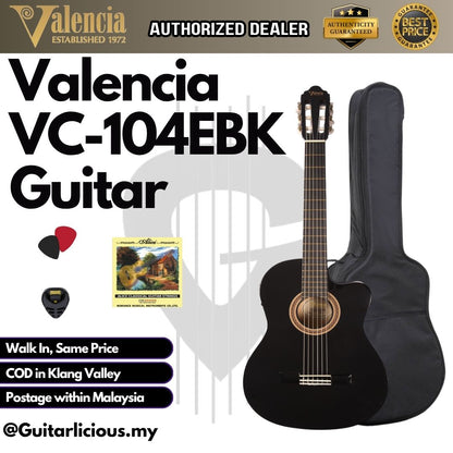 VALENCIA VC-104EBK 4/4 Black Classical Guitar Cutaway Natural with Pickup - BLACK