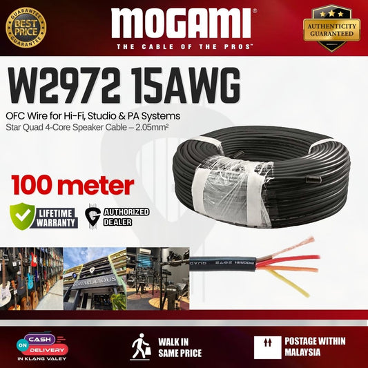 MOGAMI W2972 Star Quad 4-Core Speaker Cable – 2.05mm² (15AWG) OFC Wire for Hi-Fi, Studio & PA Systems - 100m