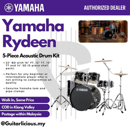 Yamaha Rydeen 5-Piece Acoustic Drum Kit – 22" Bass Drum - RDP2F5 - Black Glitter