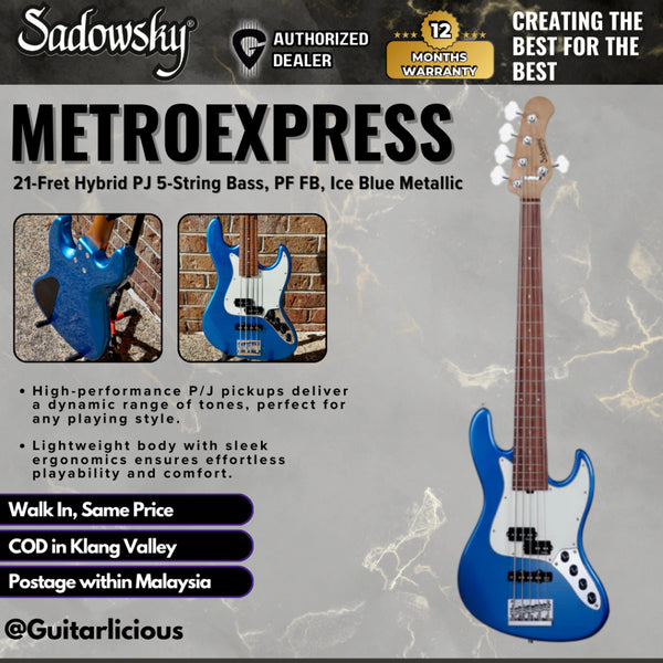 Sadowsky MetroExpress 21-Fret Hybrid PJ 5-String Bass Guitar, PF FB, Ice Blue Metallic
