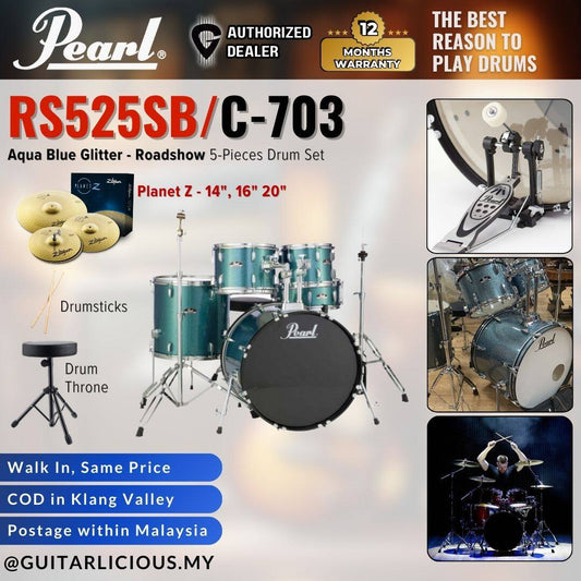 Pearl RS525SB/C-703 Roadshow 5-Pieces Standard Acoustic Drum Set - Aqua Blue Glitter (RS5252-SB)