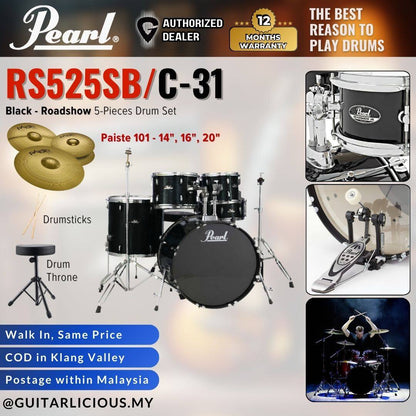 Pearl RS525SB/C-31 Roadshow 5-Pieces Standard Acoustic Drum Set - Black (RS5252-SB)