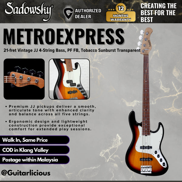 Sadowsky MetroExpress 21-fret Vintage JJ 4-String Bass Guitar, PF FB, Tobacco Sunburst Transparent