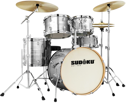 Sudoku Freedom Acoustic Drum Set  + Cymbals Set w/Drum Throne, Drumsticks, Single Pedal - Hairline Silver