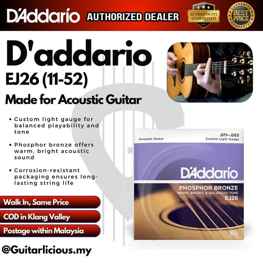 D’addario EJ26 Phosphor Bronze Acoustic Guitar Strings, Custom Light, 11-52 Gauge ( 011-052 )