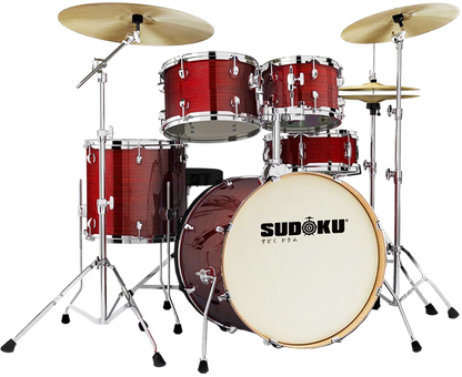 Sudoku Freedom Acoustic Drum Set  + Cymbals Set w/Drum Throne, Drumsticks, Single Pedal - Hairline Red