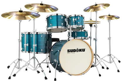 Sudoku Freedom Acoustic Drum Set  + Cymbals Set w/Drum Throne, Drumsticks, Single Pedal - Hairline Blue