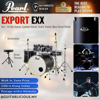 Pearl Export EXX 5-Piece Drum Set with Hardware, Drumstick and Throne (EXX725SP) - Satin Shadow Black