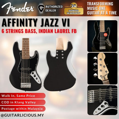 Squier Affinity Series Jazz 6 String Bass VI Guitar, Indian Laurel FB - Black Metallic