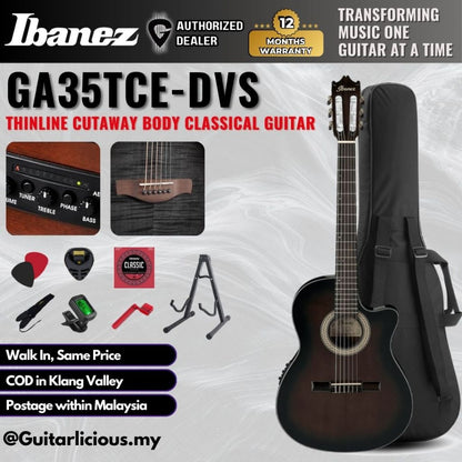 Ibanez GA35TCE-DVS Thinline Cutaway Body Classical Guitar - Dark Violin Sunburst