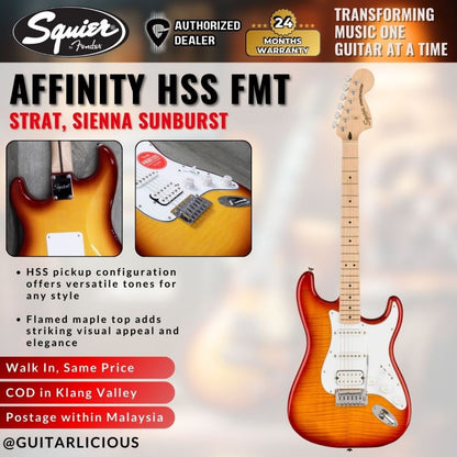 Squier Affinity Series HSS Stratocaster FMT Electric Guitar, Maple FB - Sienna Sunburst