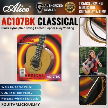 Alice AC107BK Classical Guitar String Set, Black nylon plain string, Coated Copper Alloy Winding ( AC107BK / AC107-BK )