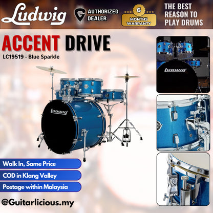 Ludwig LC19519 Accent Drive 5-Piece Drums Set w/Hardware+Throne+Cymbal - Blue Sparkle