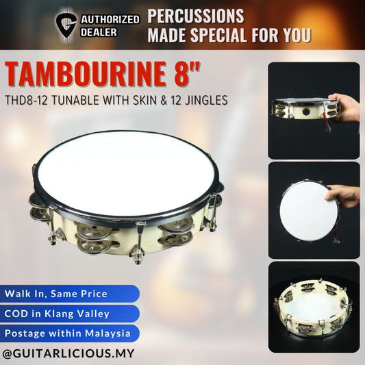 8" Tunable Tambourine with Skin and Double Row Jingles (12 Jingles) - THD8-12