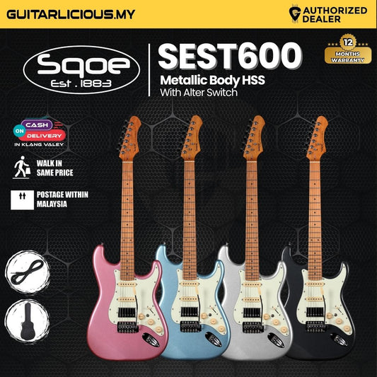 SQOE SEST600, METALLIC Stratocaster Body HSS Electric Guitar, Roasted Maple Fretboard