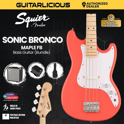 Squier Sonic Bronco Bass Guitar with White Pickguard, Maple FB - Tahitian Coral - BUNDLE DEALS