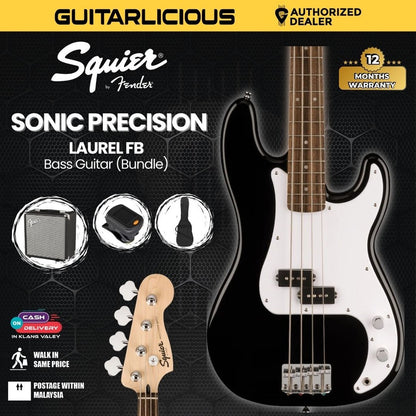 Squier Sonic Precision Bass Guitar w/White Pickguard, Laurel FB - Black -  BUNDLE DEALS