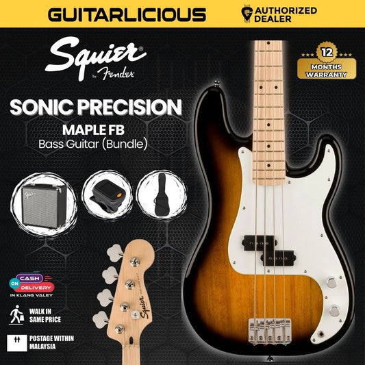 Squier Sonic Precision Bass Guitar w/White Pickguard, Maple FB - 2-Color Sunburst -  BUNDLE DEALS