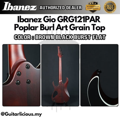 Ibanez Gio GRG121PAR, Poplar Burl Art Grain Top Electric Guitar - Brown Black Burst Flat (GRG121PAR-KBF / GRG / GRG-121)