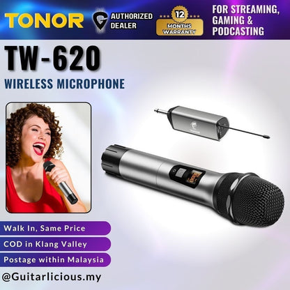 TONOR TW-620 Wireless Mic, UHF Metal Cordless Handheld Mic System w/ Rechargeable Receiver for Karaoke, 200ft (TW620)