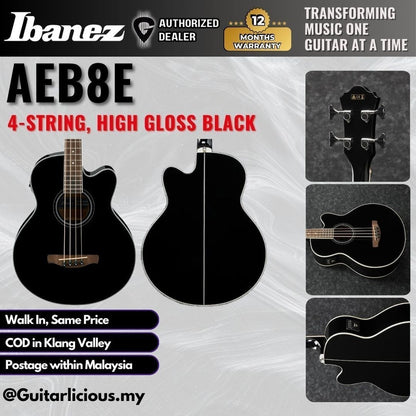 Ibanez AEB8E, High Gloss Black, 4 String Acoustic-Electric Bass Guitar with Pick Up EQ ( AEB-8E / AEB 8E / AEB8E-BK )