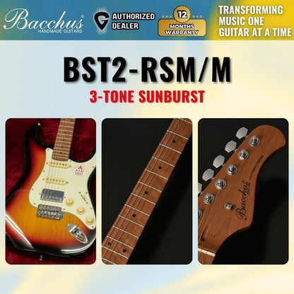 Bacchus BST-2-RSM/M Roasted Maple Fretboard, Stratocaster Electric Guitar w/ Bacchus SSH Pickups - 3-Tone Sunburst