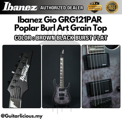 Ibanez Gio GRG121PAR, Poplar Burl Art Grain Top Electric Guitar - Brown Black Burst Flat (GRG121PAR-KBF / GRG / GRG-121)