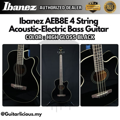 Ibanez AEB8E, High Gloss Black, 4 String Acoustic-Electric Bass Guitar with Pick Up EQ ( AEB-8E / AEB 8E / AEB8E-BK )