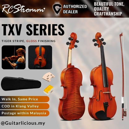 RCStromm Violin TXV Series with Gloss Finish & Tiger Stripe Back (Top Spruce, Side & Back Maple) - 1/8 , 1/2 , 3/4 , 4/4