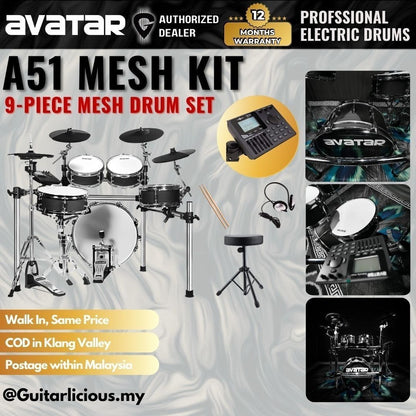 Avatar A51 Professional 9-Piece Mesh Kit Electric Drum Set with Shell (5PC Drum Pad, 4PC Cymbal Pad) - ( A 51 / A-51 )