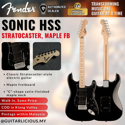 Squier Sonic Stratocaster HSS Electric Guitar with Black Pickguard, Maple FB - Black