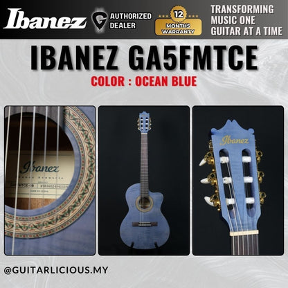 Ibanez GA5FMTCE, Flame Maple Thinline Classical Guitar with Ibanez piezo pickup - Ocean Blue ( GA5FMT CE / GA5FMT-CE / GA5FMTCE-OB )