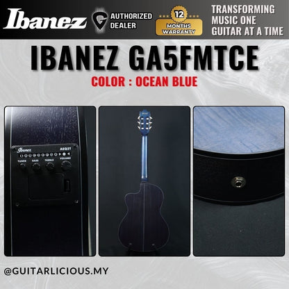 Ibanez GA5FMTCE, Flame Maple Thinline Classical Guitar with Ibanez piezo pickup - Ocean Blue ( GA5FMT CE / GA5FMT-CE / GA5FMTCE-OB )