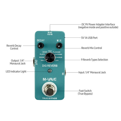 M-vave Digital Reverb Guitar Effect Pedal 9 Reverb Types True Bypass Fully Metal Shell Dig Reverb Guitar Pedal